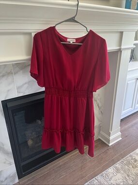 Red V-Neck Short Sleeve Dress